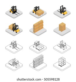 Vector illustration. Set of icons isometric forklift and pallets with boxes. Color, contour and outline. 3d.