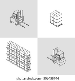 Vektorgrafik. Satz von Symbolen isometrischen Gabelstapler und Paletten mit Boxen. Kontur, Kontur. 3d.