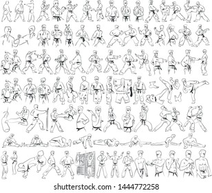 Vector illustration set of icons of men in kimono, karate, Kyokushinkai, sambo, wrestling