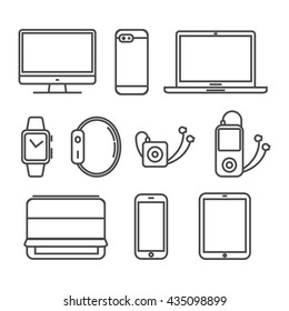 Vector illustration, set of icons modern electronic devices isolated on white background - laptop, computer monitor, smart watch, music player, tablet pc and mobile smart phones