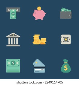 Vector illustration of set of icons money, money applications, capital, money safety, money storage, finance, banknotes, coins, cash.