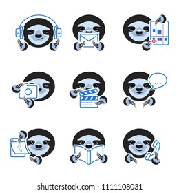 Vector illustration set of icons music, mail, map, photo, video, message, calendar, book, phone with sloth who holds these signs in paws