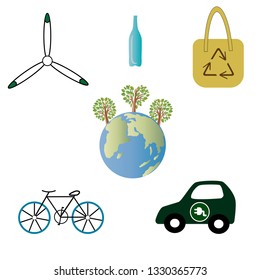Vector illustration set of icons on an ecological theme. Take care of the planet, without plastic, environmental transport. Bicycle Electric