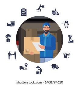 Vector illustration with a set of icons on the theme of delivery with the image of a bearded delivery man courier on the background of boxes.