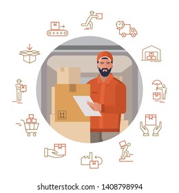 Vector illustration with a set of icons on the theme of delivery with the image of a bearded delivery man courier on the background of boxes.