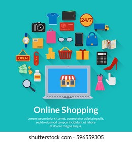 Vector illustration. Set of icons online shop in a flat style with shadows. Design for packaging, business cards, web banner. E-Commerce.
