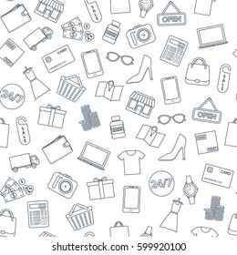 Vector illustration. Set of icons for online shop. Seamless background. Design for packaging, banners, business cards. e-commerce