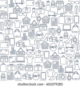 Vector illustration. Set of icons for online shop. Seamless background. Design for packaging, banners, business cards.