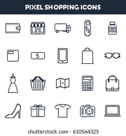 Vector illustration. Set of icons of online shopping. Pixel art style. Black on white background.