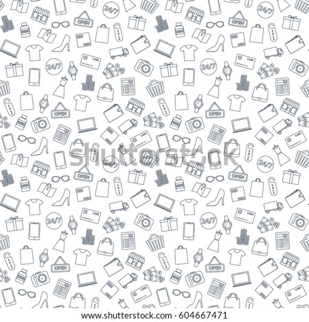 Vector illustration. Set of icons for online shop. Seamless background. Design for packaging, banners, business cards.
