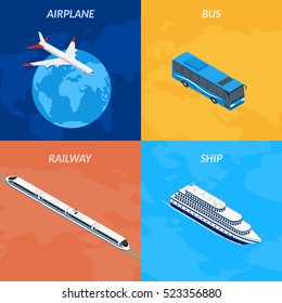 Vector illustration. Set icons passenger transport. Train, bus, airplane, ship. Isometric, 3D