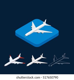 Vector illustration. Set of icons of the plane. Colorful, white and outline. Isometric, 3D