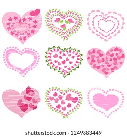 Vector illustration set of icons with red and pink hearts on a white background, textured, handmade, artistic. Cute design for Valentine's Day greeting card.