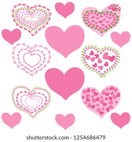 Vector illustration set of icons with red and pink hearts on a white background, handmade, artistic. Cute design for Valentine's Day greeting card.