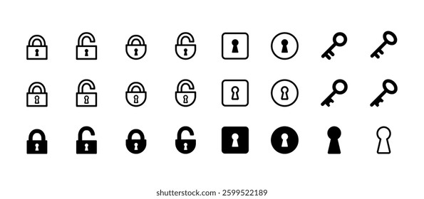 Vector illustration set of icons related to keys. Set of 24 icons including padlocks, keyholes and keys.