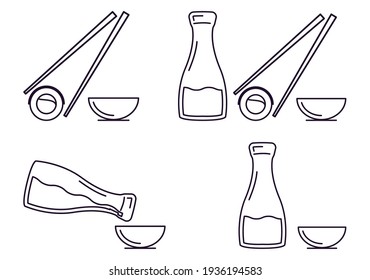 Vector illustration set of icons sauce and rolls with chopsticks