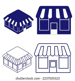 Ilustración vectorial. Conjunto de íconos de una pequeña tienda de estilos diferentes. Isométrico, plano, contorno. Isometry