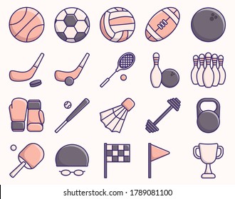 Vector illustration set of icons of sports accessories of different types. Flat style sports equipment.