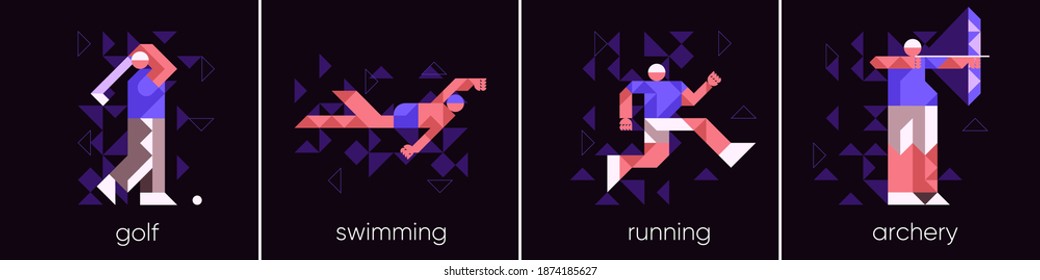 Vector illustration. Set of icons, sports and activities, Golf, swimming, running and archery. Abstract, background patterns, triangular mosaics, stylized polygonal images, geometric backgrounds.