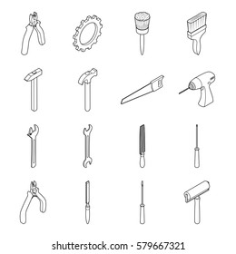 Vector illustration. Set of icons of tools for repair and construction. Isometric 3D. Hammer, gear, pliers, screwdriver, drill, saw. Contour.