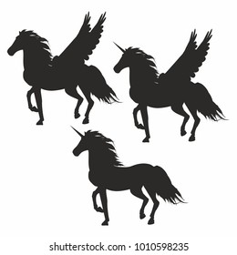 vector illustration with set of icons of unicorns and pegasus 
