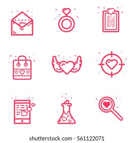 Vector illustration of set icons Valentines day concept in flat bold line style. Graphic design pink love letter, ring, loves note, bag, heart with wings, love target, flask filled hearts.