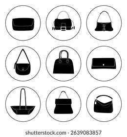 Vector illustration of a set of icons with various women bags in black and white minimalist style. Suitable for fashion, style, online stores and accessories advertising.