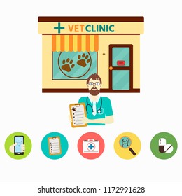 Vector illustration set icons veterinarian clinic and veterinarian doctor. Healthcare or treatment for wild or domestic animals. Facade exterior.  