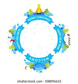 Vector illustration set of  icons for winter holidays with Christmas star, Santa sleigh flying under forest, deers, Snow man, mountain, trees. Merry Christmas and happy new year. Greetings card.