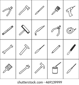 Vector illustration. Set of icons of working tools for repair and construction. Pliers, hatchet, hammer, screwdriver, saw, measuring ruler, brush, paint, drill, wrench