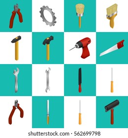 Vector illustration. Set of icons of working tools for construction and repair. Wrench, adjustable wrench, drill, saw, hammer, axe, paint brush, roller, gear, screwdriver. Isometric, 3D.