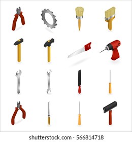 Vector illustration. Set of icons of working tools for construction and repair. Wrench, drill, saw, hammer, axe, paint brush, roller, gear, screwdriver. Isometric, 3D.