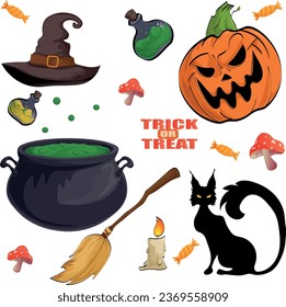 vector illustration. set of illustrations for Halloween pumpkin, cat, potion, broom, cauldron, candy