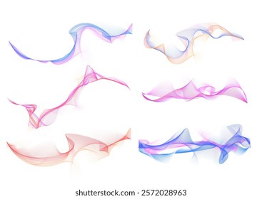 Vector illustration of a set with the image of bright multi-colored wave lines on a white isolated background. Dynamic energy flow. Sound frequency wave. Abstract elements for design.