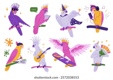 Vector illustration of a set with the image of bright funny cockatoo parrots, who read, draw, play the guitar, listen to music and more. Isolated icons for children's design. Flat cartoon style.