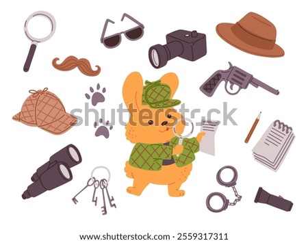 Vector illustration of a set with the image of a detective bunny with accessories and equipment for detective activities. Flat cartoon style. Isolated background.