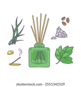 Ilustración vectorial de un conjunto con la Imagen de un difusor con palos aromáticos con ingredientes. Tarro de cristal con incienso, hoja, granos de café, ámbar y otros. Notas aromáticas. Estilo plano.