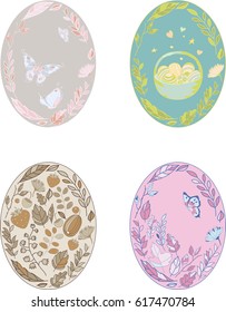 Vector illustration, set. Image of Easter eggs decorated with twigs, flowers, berries and butterflies .