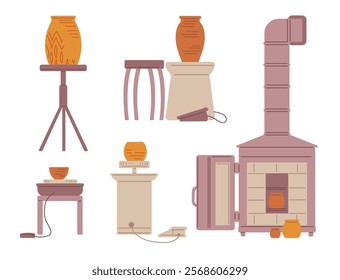 Vector illustration set with the image of equipment for making ceramic products. Isolated objects: kiln, pottery wheel, different shapes, table and clay pots. Flat cartoon style. Pottery workshop.