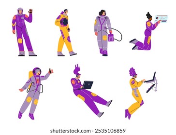 Vector illustration of a set with the image of female astronauts in protective suits and spacesuits in different poses and actions on an isolated background. Flat cartoon style