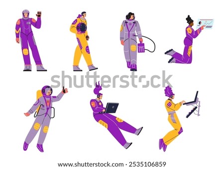 Vector illustration of a set with the image of female astronauts in protective suits and spacesuits in different poses and actions on an isolated background. Flat cartoon style