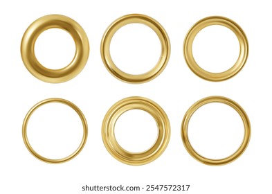 Vector illustration of a set with the image of golden ring frames, different widths and textures. Realistic sparkling, geometric elements for awards, buttons or rank rings. Empty isolated icons.