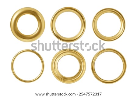 Vector illustration of a set with the image of golden ring frames, different widths and textures. Realistic sparkling, geometric elements for awards, buttons or rank rings. Empty isolated icons.