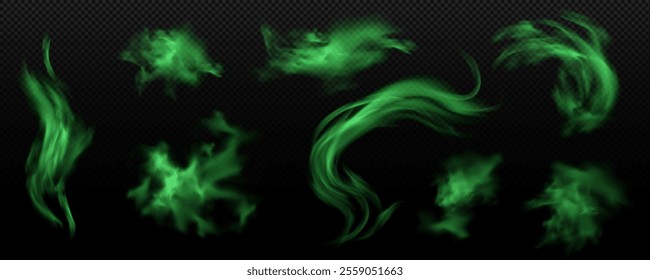 Vector illustration of a set with the image of green clubs of foul smoke. Realistic magic fog, toxic, gas, unpleasant smell, chemical waste. Isolated transparent black background.