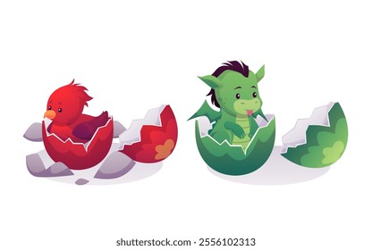 Vector illustration of a set with the image of hatched baby phoenix bird and green dragon. Cute little mythical characters in cracked eggs on an isolated background in a cartoon flat style.