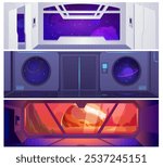 Vector illustration of a set with the image of the interior of a spaceship with panoramic windows and round portholes. Alien spaceship with windows and doors. Cartoon game style.