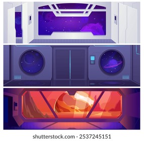 Vector illustration of a set with the image of the interior of a spaceship with panoramic windows and round portholes. Alien spaceship with windows and doors. Cartoon game style.