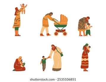 Ilustración vectorial de un conjunto con la Imagen de mujeres musulmanas, en hiyab, con niños sobre un fondo aislado. Los personajes en diferentes poses pasan tiempo juntos. Estilo plano de la historieta.