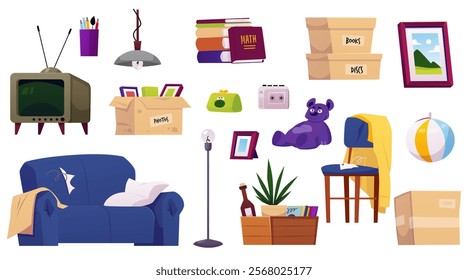 Vector illustration of a set with the image of old things and furniture on an isolated background. Torn sofa, chair, cardboard box, retro objects: player, ball, books, toy and others. Cartoon style.