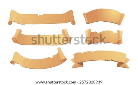 Vector illustration of a set with the image of open twisted scrolls on an isolated background. Perfect for a medieval atmosphere in games. Canvases for diplomas, treasure maps, antique artifacts.